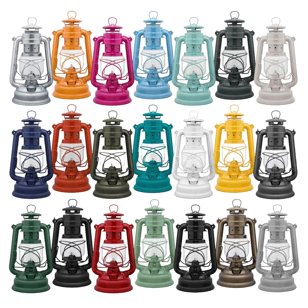 Unique handcrafted galvanized oil lanterns in an array of vibrant and classic colors, featuring thermal heat-resistant SUPRAX globes, perfect for Lamps & Lighting, Camping, and Emergency Supplies collections.