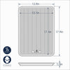 Diagram of a prism grid patterned baking pan showing dimensions 12.9 by 17.9 inches with a 1-inch depth, crafted from natural aluminum, included in Kitchen & Food and USA Made collections.