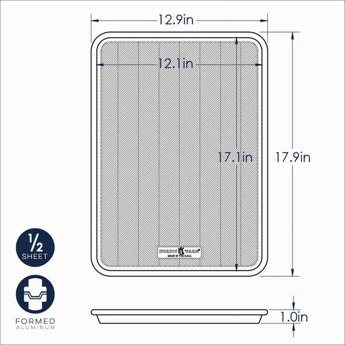Diagram of a prism grid patterned baking pan showing dimensions 12.9 by 17.9 inches with a 1-inch depth, crafted from natural aluminum, included in Kitchen & Food and USA Made collections.