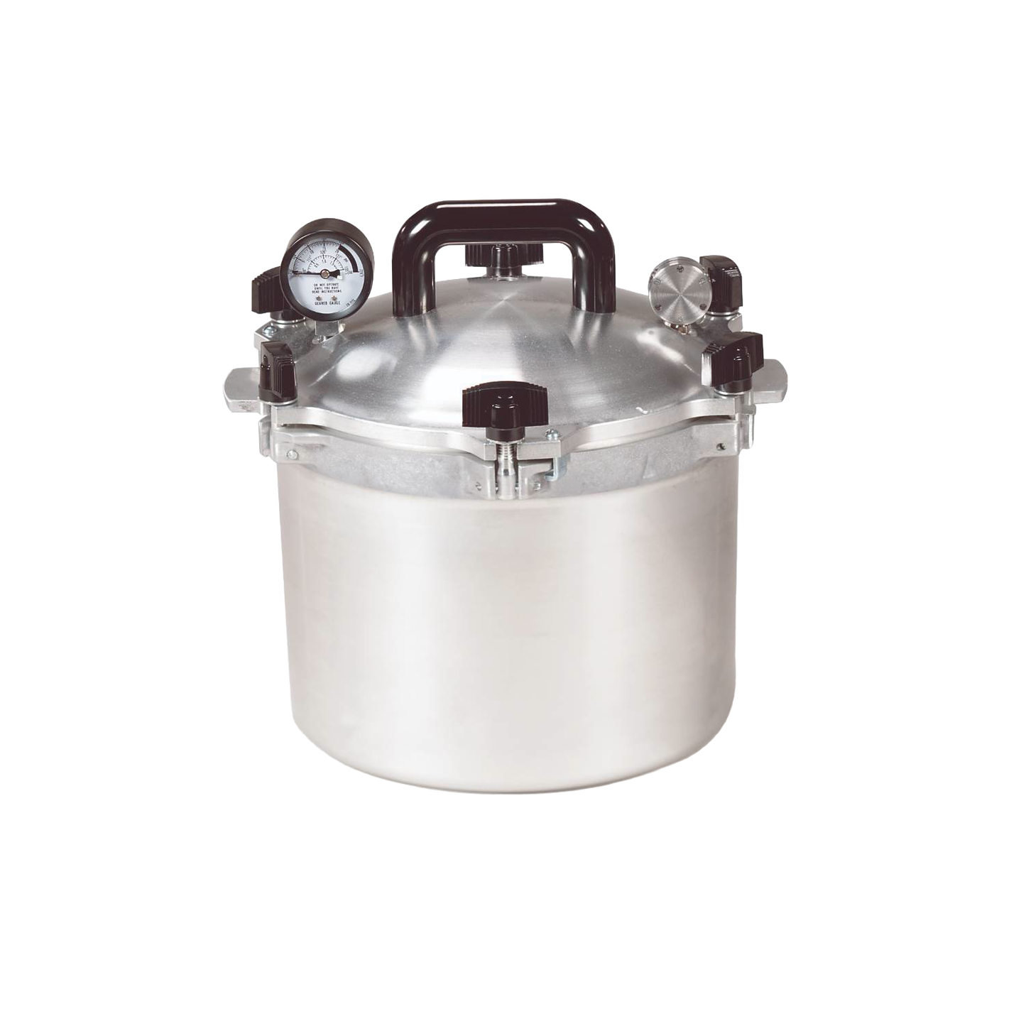 Heavy-duty aluminum pressure canner with secure locking lid, pressure gauge, and valve, designed for safe home food preservation, featured in Kitchen & Food and Canning collections.