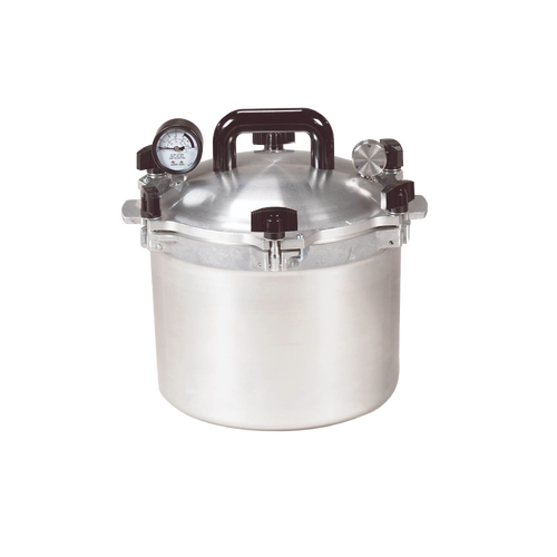 Heavy-duty aluminum pressure canner with secure locking lid, pressure gauge, and valve, designed for safe home food preservation, featured in Kitchen & Food and Canning collections.