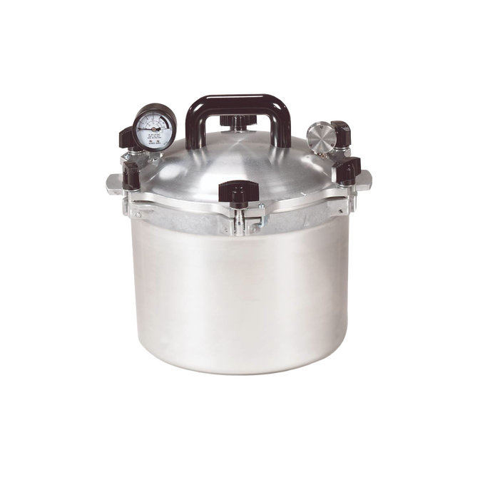 Heavy-duty aluminum pressure canner with secure locking lid, pressure gauge, and valve, designed for safe home food preservation, featured in Kitchen & Food and Canning collections.