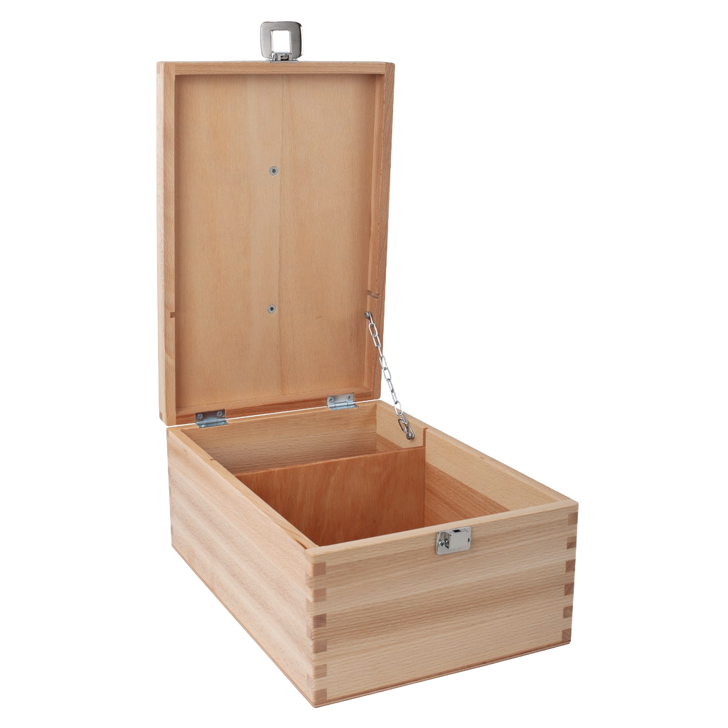 Handcrafted beechwood storage box with hinged folding lid and metal latch, designed for organizing shoe care tools, ideal for Health & Wellness and Home & Decor collections.
