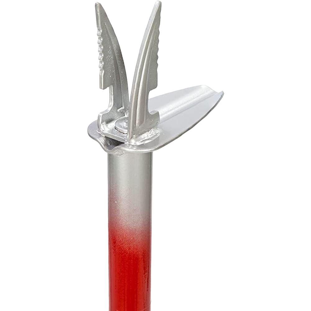 Close-up of handcrafted metal weeder head with sharp, serrated tines and ejecting blade on a red steel shaft, part of Farm, Garden & Tool and Digging and Cultivating collections.