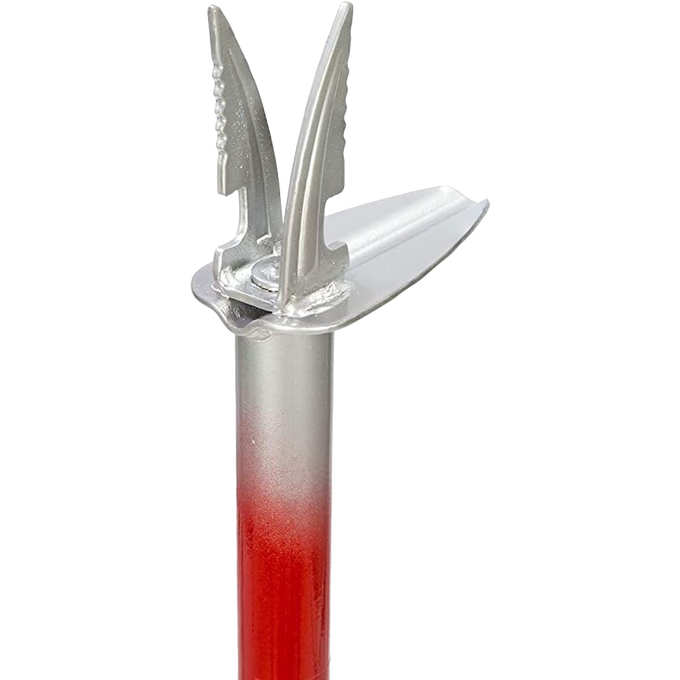 Close-up of handcrafted metal weeder head with sharp, serrated tines and ejecting blade on a red steel shaft, part of Farm, Garden & Tool and Digging and Cultivating collections.