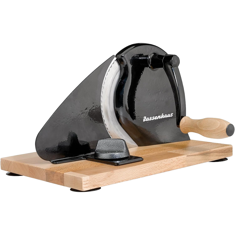 Manual bread slicer with easy hand crank and wooden handle, featuring a high-quality stainless steel circular blade mounted on a sturdy wooden base, ideal for Kitchen & Food, Choppers and Cutters, Best Sellers, and Bread Making Supplies collections.