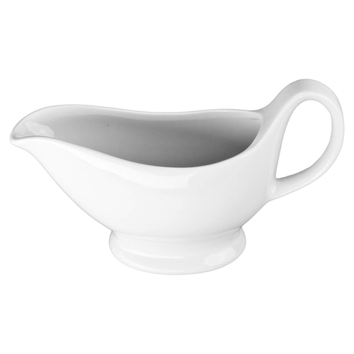 Sleek porcelain sauce boat with a comfortable handle and pouring spout, lightweight and non-absorbent, designed for Kitchen & Food, Storage and Serving, and Best Sellers collections.