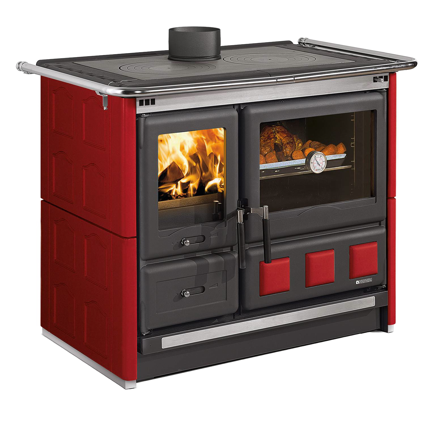 Freestanding large wood cook stove with a red porcelain enameled steel exterior, polished cast iron cooking plates, extractable ash drawer, and cast iron hearth, ideal for Stoves, Cookstoves, Best Sellers, and All Stoves & Appliances collections.