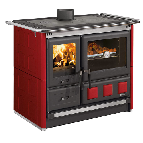 Freestanding large wood cook stove with a red porcelain enameled steel exterior, polished cast iron cooking plates, extractable ash drawer, and cast iron hearth, ideal for Stoves, Cookstoves, Best Sellers, and All Stoves & Appliances collections.