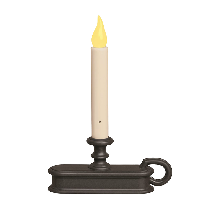 Cordless LED candle with amber glow flame in a black metal holder, designed for Home & Decor, Lamps & Lighting, Holiday Hosting, and Candles collections.