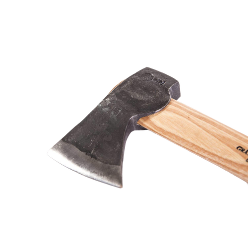 Compact handcrafted wildlife hatchet with a tempered Swedish steel blade and smooth wooden handle, ideal for farm, garden, woodworking, and outdoor tool collections.