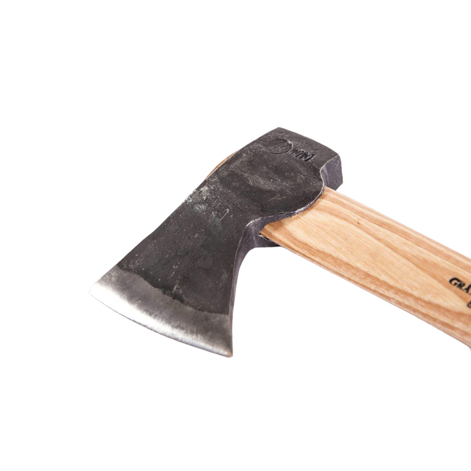 Compact handcrafted wildlife hatchet with a tempered Swedish steel blade and smooth wooden handle, ideal for farm, garden, woodworking, and outdoor tool collections.
