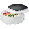 Compact electric food dehydrator with nesting trays, shown with sliced tomatoes, zucchini, onions, and jalapeños inside, ideal for Kitchen & Food, Food Preservation, and Drying collections.