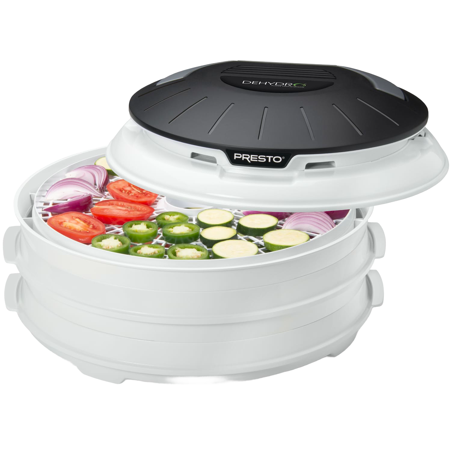 Compact electric food dehydrator with nesting trays, shown with sliced tomatoes, zucchini, onions, and jalapeños inside, ideal for Kitchen & Food, Food Preservation, and Drying collections.