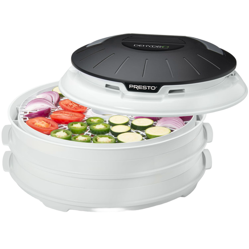 Compact electric food dehydrator with nesting trays, shown with sliced tomatoes, zucchini, onions, and jalapeños inside, ideal for Kitchen & Food, Food Preservation, and Drying collections.