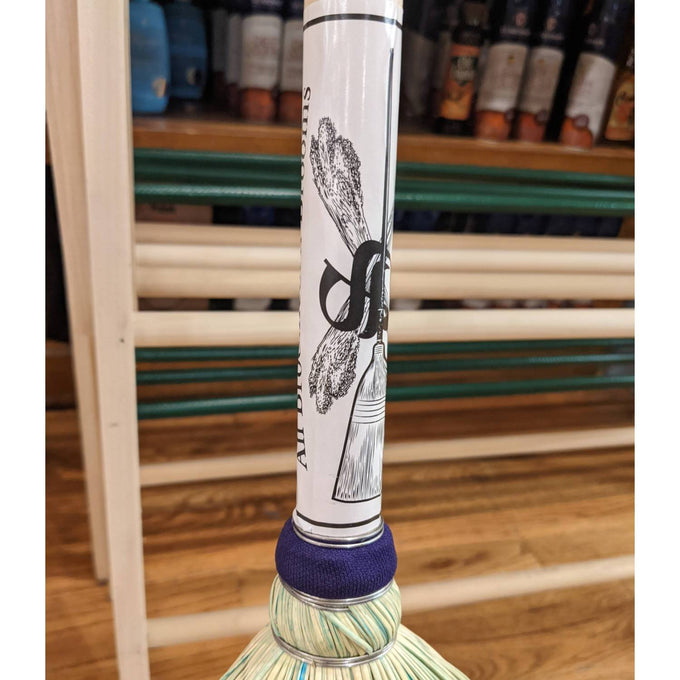 Handcrafted Amish-made corn broom with tightly bound natural straw bristles and a wrapped handle, perfect for household cleaning, home decor, and kitchen use.