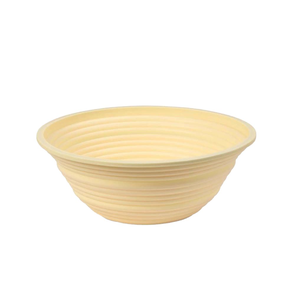 Light beige collapsible round bread proofing basket with concentric ridges, made from silicone and steel rim for durable dough shaping and easy storage in Kitchen & Food and Baking Supplies collections.