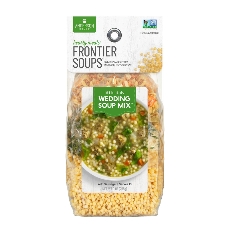 Clear plastic pouch of handcrafted Frontier Soup Mix featuring yellow pasta pearls and vegetable ingredients, labeled for Kitchen & Food, Pantry, Soups, USA Made, and Best Sellers collections.