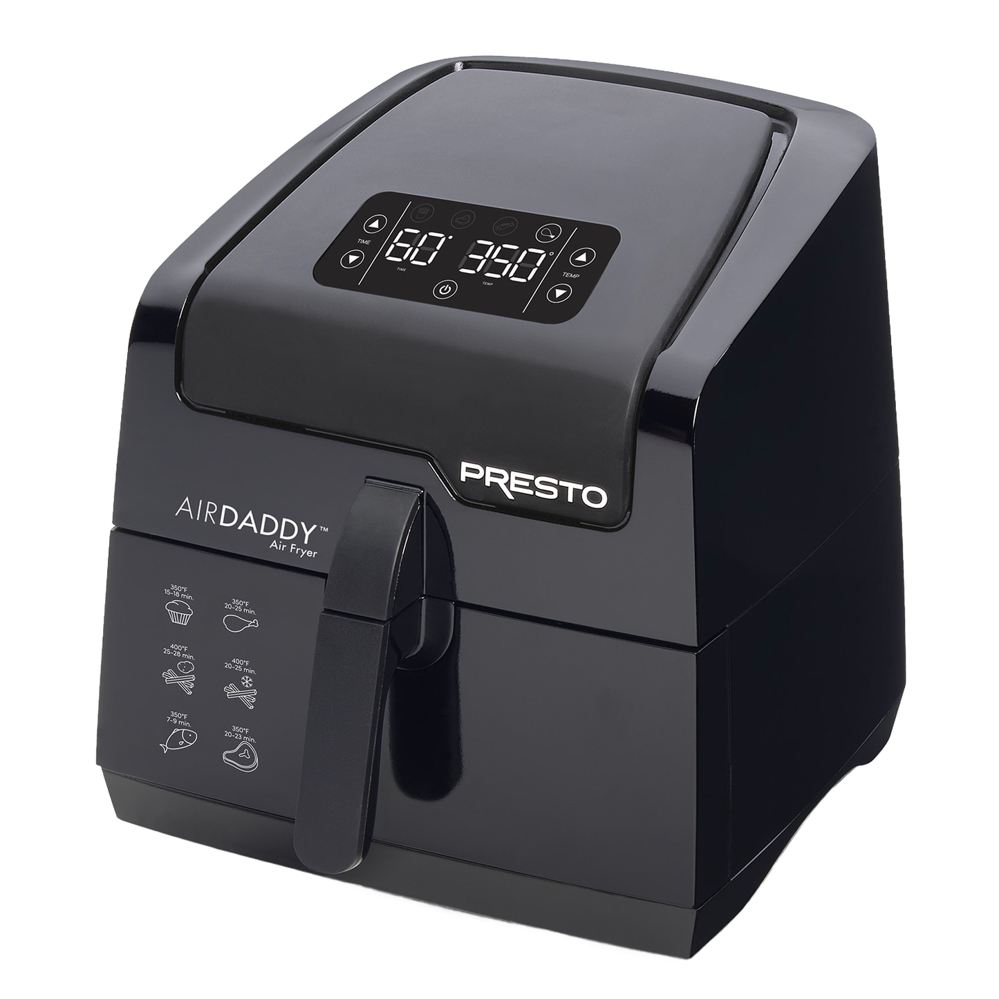 Sleek black digital air fryer with large 4.2-quart removable basket, touch control panel, and preset cooking icons, ideal for Kitchen & Food, Kitchen Gadgets, and Best Sellers collections.