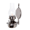 Wall-mounted oil lamp with a painted pewter-like finish, ribbed clear glass chimney, and round reflector designed to brighten sheds or cabins, featured in Lamps & Lighting collections.