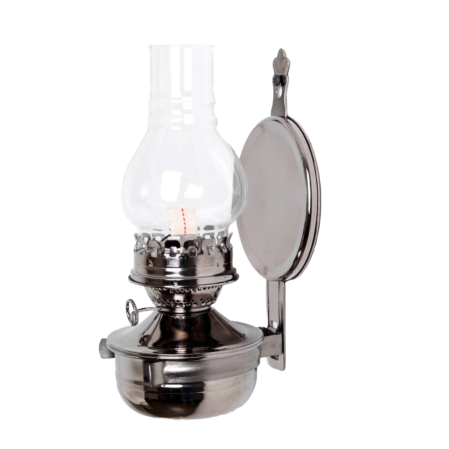 Wall-mounted oil lamp with a painted pewter-like finish, ribbed clear glass chimney, and round reflector designed to brighten sheds or cabins, featured in Lamps & Lighting collections.