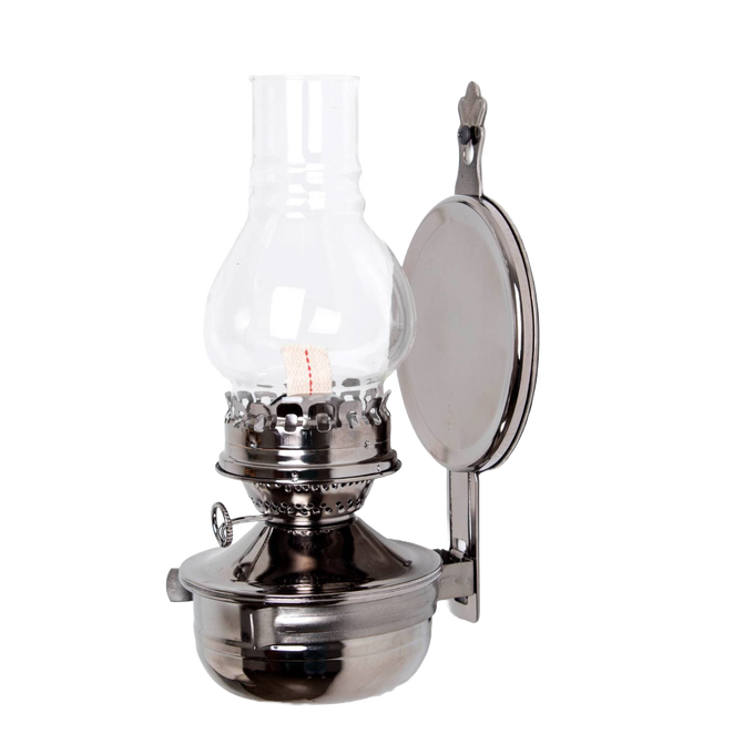 Wall-mounted oil lamp with a painted pewter-like finish, ribbed clear glass chimney, and round reflector designed to brighten sheds or cabins, featured in Lamps & Lighting collections.