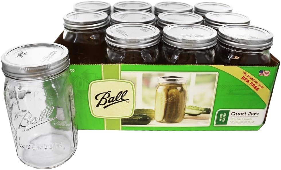 Set of 12 wide-mouth quart canning jars with metal lids and bands, crafted in the USA, ideal for kitchen, food preservation, and canning accessories collections.
