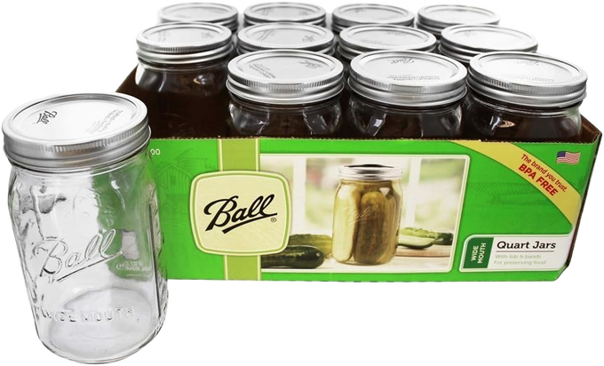 Set of 12 wide-mouth quart canning jars with metal lids and bands, crafted in the USA, ideal for kitchen, food preservation, and canning accessories collections.