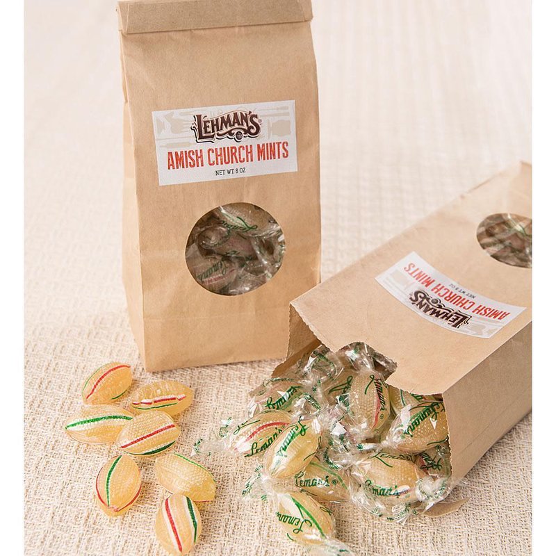Handcrafted Amish-made peppermint mints individually wrapped and packaged in simple kraft bags, featured in Kitchen & Food, Snacks and Sweets, Candy, and USA Made collections.