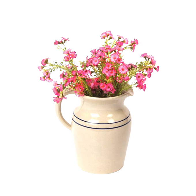Handcrafted cream stoneware pitcher with two blue stripes, filled with bright pink flowers, made in USA, ideal for Kitchen & Food, Dinnerware, Holiday Hosting, Storage and Serving collections.