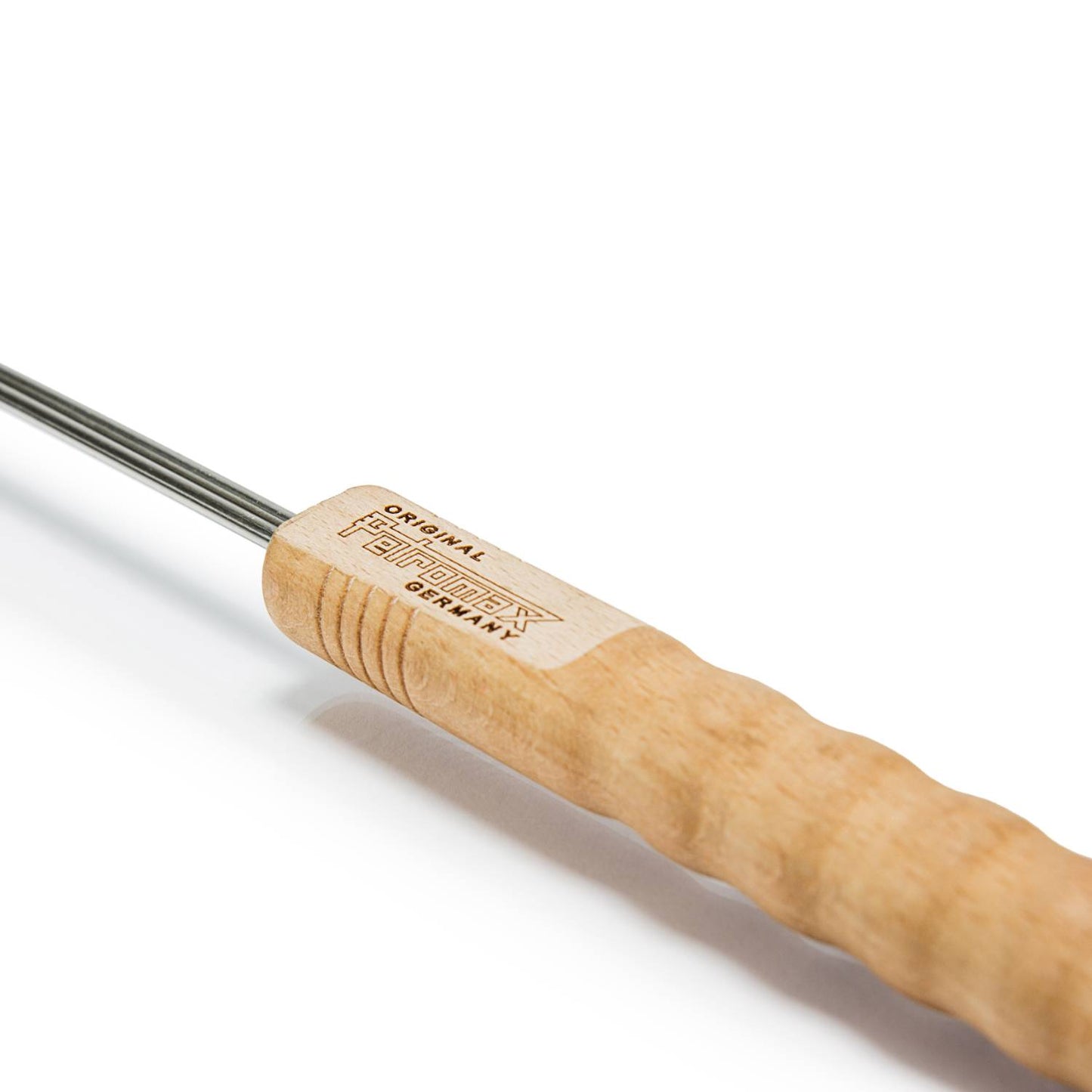 Handcrafted adjustable campfire skewer with a smooth wooden handle engraved with branding, designed for safe roasting in Farm, Garden & Tool and Camping collections.