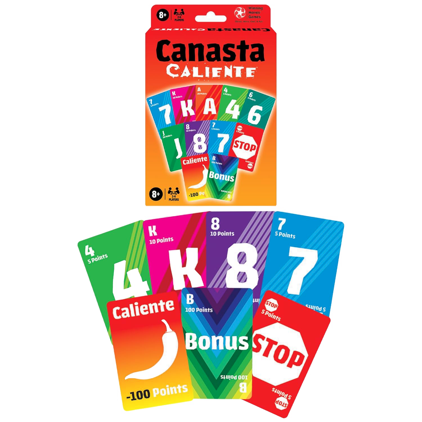 Brightly colored Canasta card game pack featuring custom cards with point values and special Caliente and Bonus cards, ideal for family fun in Toys, Books & Games, Children's Toys, and Table and Board Games collections.