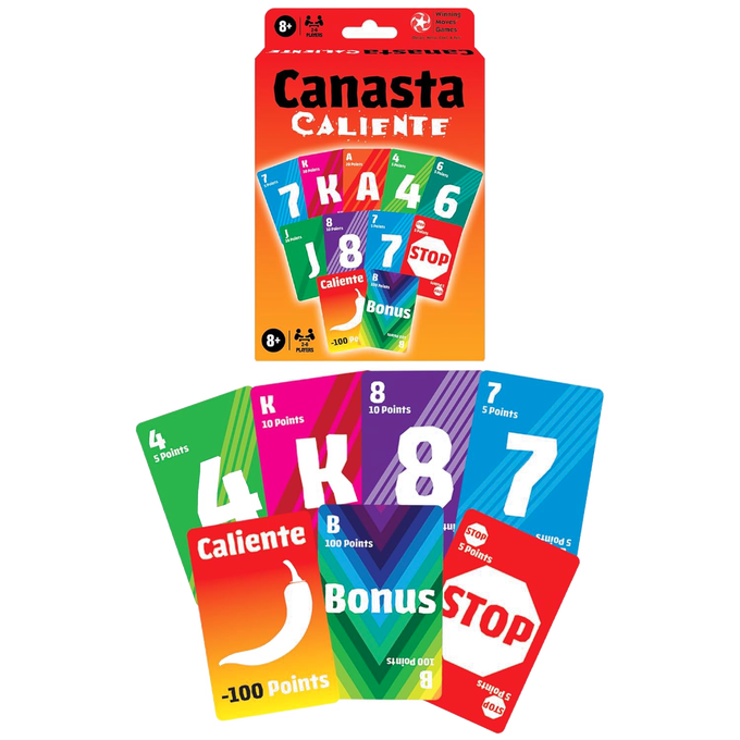 Brightly colored Canasta card game pack featuring custom cards with point values and special Caliente and Bonus cards, ideal for family fun in Toys, Books & Games, Children's Toys, and Table and Board Games collections.