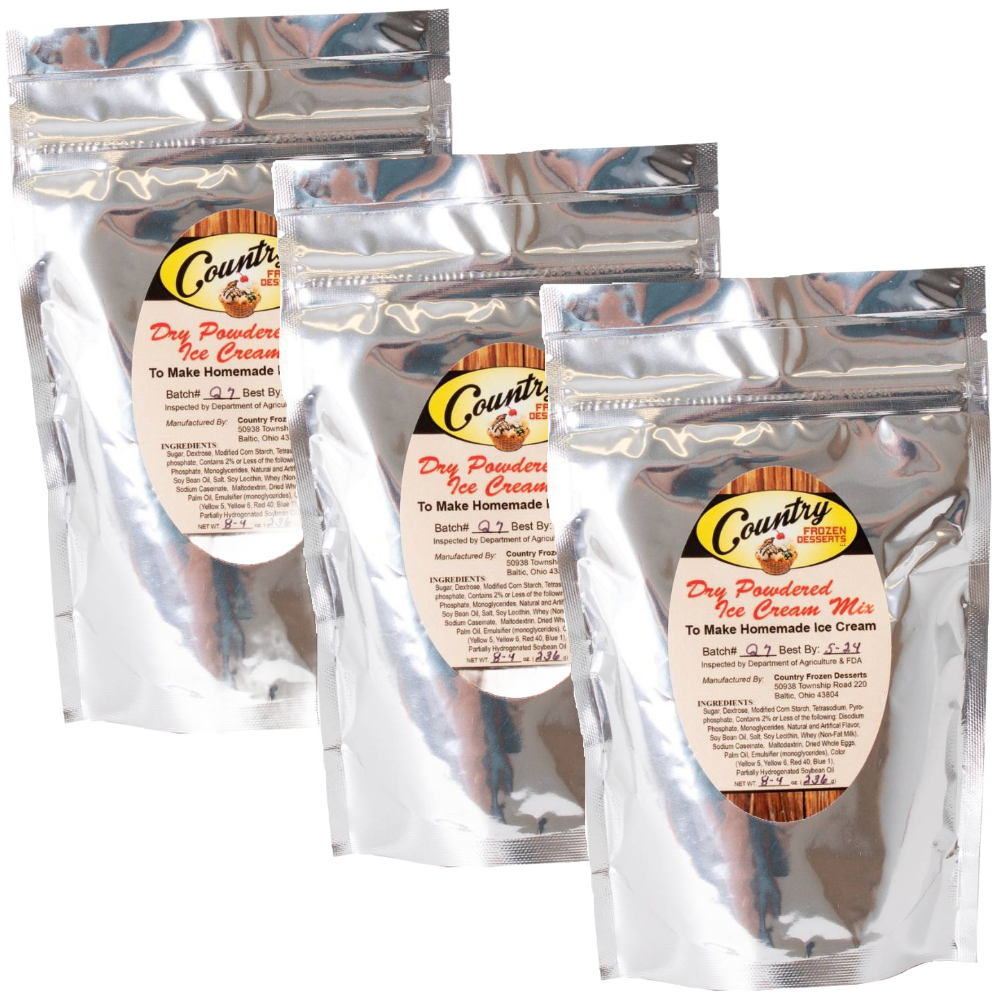 Three silver foil pouches of handcrafted dry powdered ice cream mix, made in USA, perfect for Kitchen & Food, Dry Goods and Mixes, Specialty Equipment, Making Ice Cream, Best Sellers, and Promo Eligible collections.