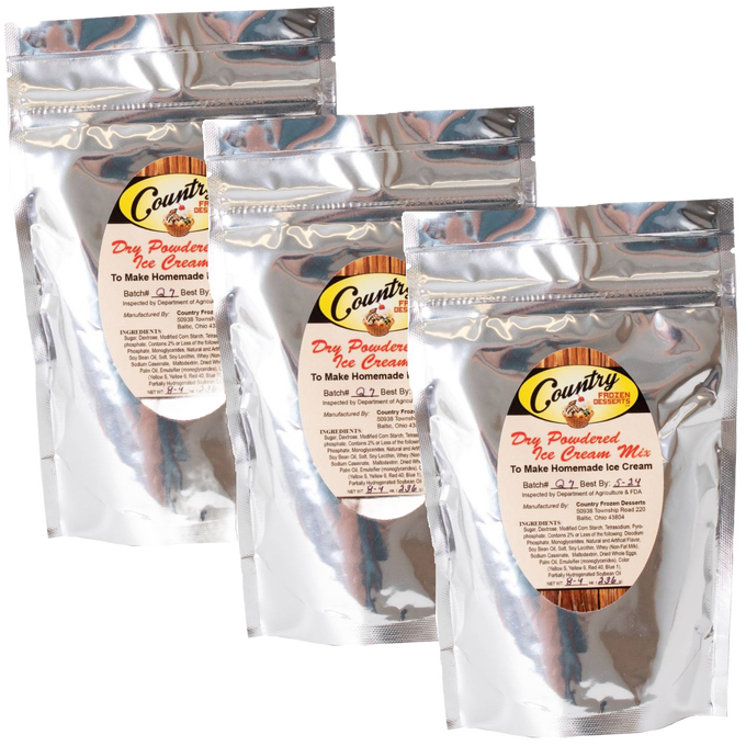 Three silver foil pouches of handcrafted dry powdered ice cream mix, made in USA, perfect for Kitchen & Food, Dry Goods and Mixes, Specialty Equipment, Making Ice Cream, Best Sellers, and Promo Eligible collections.