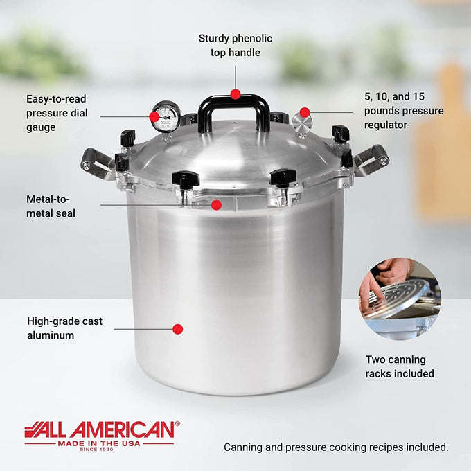 Heavy-duty aluminum pressure canner with sturdy phenolic handle, clear pressure gauge, metal-to-metal seal, pressure regulator, and two included canning racks, made in USA for Kitchen & Food, Food Preservation, and Canning collections.