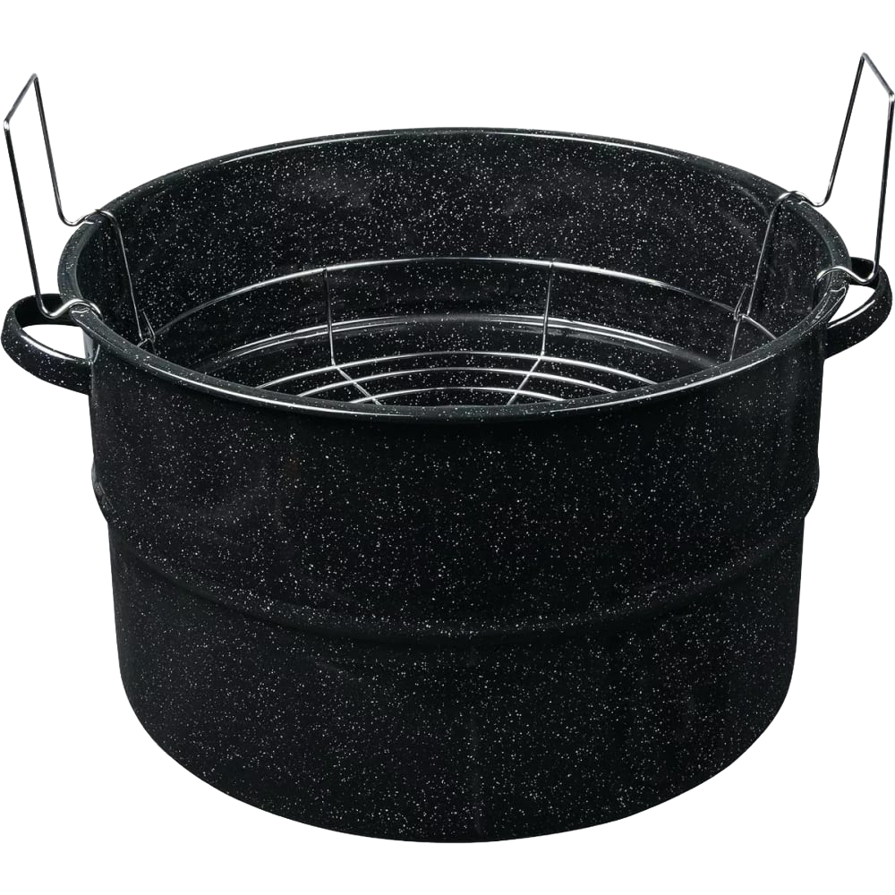 Large black enamelware canner with sturdy handles and removable metal rack, designed for water bath canning in Kitchen & Food, Food Preservation, and Canning collections.