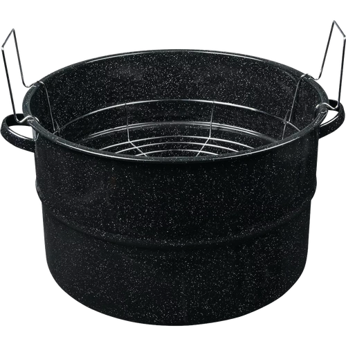 Large black enamelware canner with sturdy handles and removable metal rack, designed for water bath canning in Kitchen & Food, Food Preservation, and Canning collections.