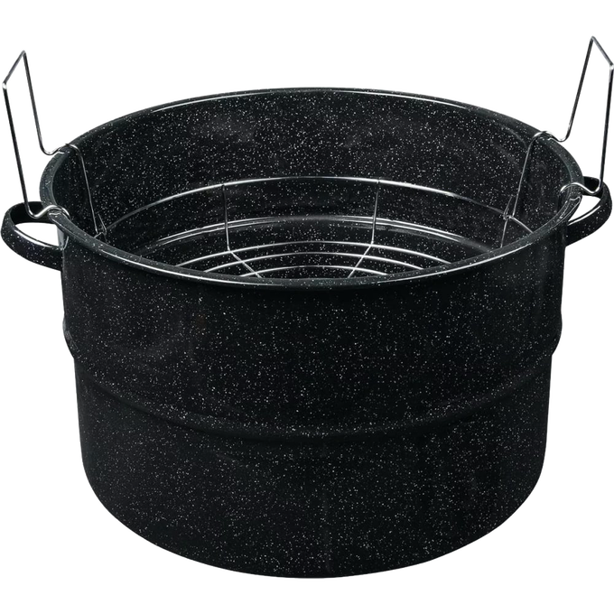 Large black enamelware canner with sturdy handles and removable metal rack, designed for water bath canning in Kitchen & Food, Food Preservation, and Canning collections.