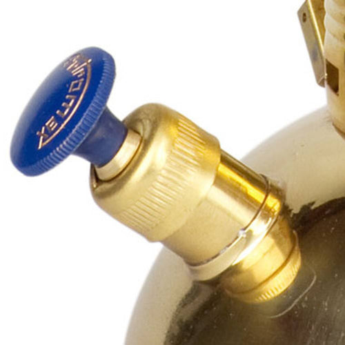 Close-up of a brass fuel valve with a blue knob on a Petromax HK500 kerosene pressure lamp, showcasing durable construction for outdoor, camping, and emergency use.