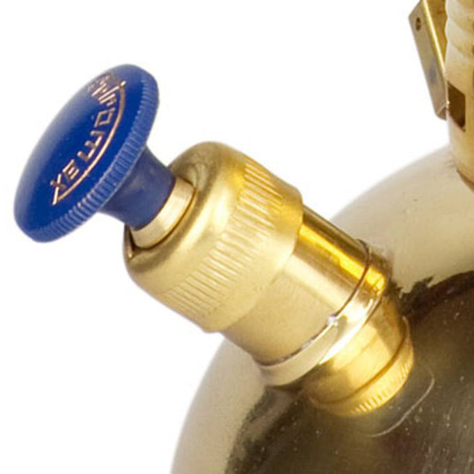 Close-up of a brass fuel valve with a blue knob on a Petromax HK500 kerosene pressure lamp, showcasing durable construction for outdoor, camping, and emergency use.