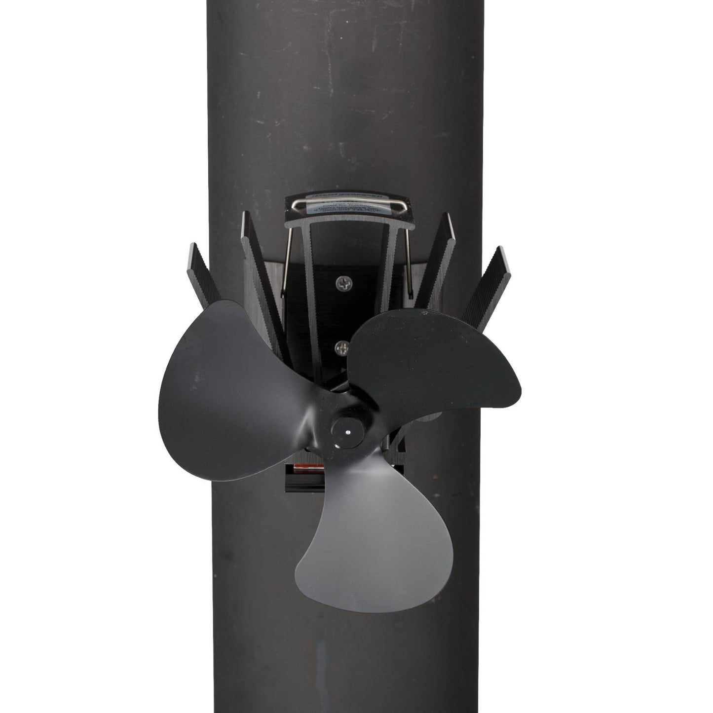Black metal heat-powered magnetic stove fan with three blades mounted on a vertical pipe, designed to circulate warm air efficiently in stoves and hearths, featured in Stoves and Hearth Accessories collections.