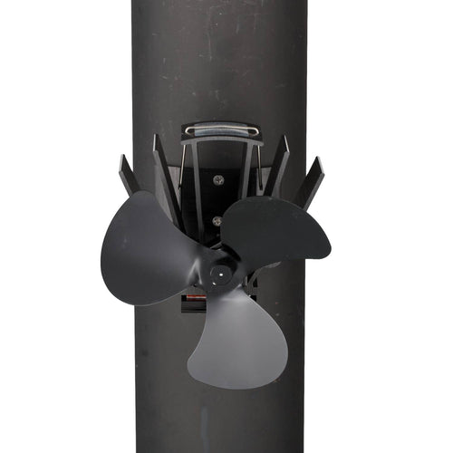Black metal heat-powered magnetic stove fan with three blades mounted on a vertical pipe, designed to circulate warm air efficiently in stoves and hearths, featured in Stoves and Hearth Accessories collections.