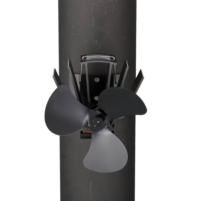 Black metal heat-powered magnetic stove fan with three blades mounted on a vertical pipe, designed to circulate warm air efficiently in stoves and hearths, featured in Stoves and Hearth Accessories collections.