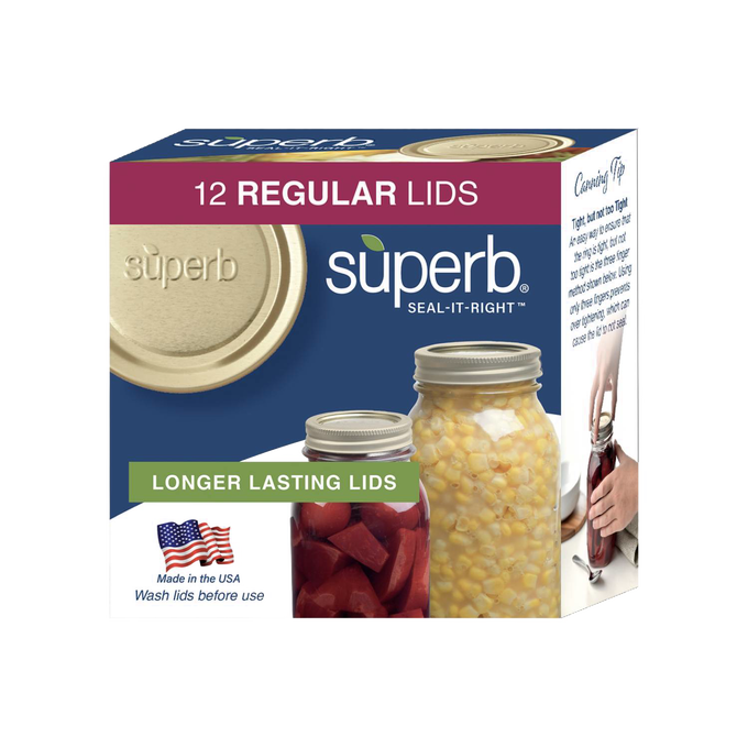 Box of twelve gold-tone regular mouth canning jar lids featuring embossed branding and engineered for durability, part of USA made kitchen and food preservation collections.