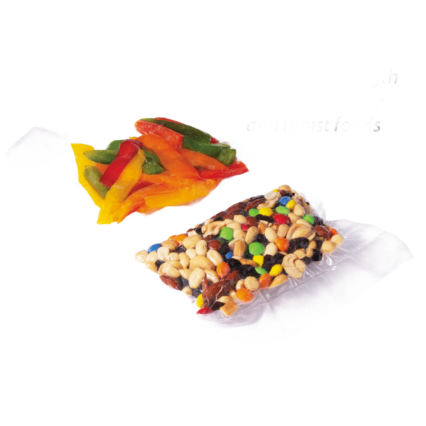 Two vacuum-sealed clear plastic bags containing mixed nuts, candy pieces, and sliced bell peppers, highlighting food preservation and storage efficiency.