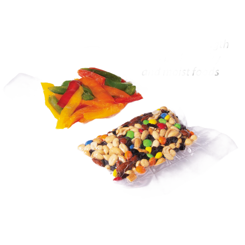 Two vacuum-sealed clear plastic bags containing mixed nuts, candy pieces, and sliced bell peppers, highlighting food preservation and storage efficiency.