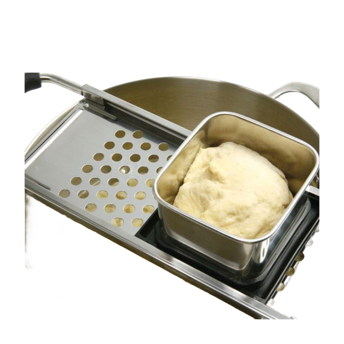 Handcrafted spaetzle maker with sliding square hopper and stainless steel grater, designed for easy dough preparation, ideal for Kitchen & Food, Cookware, Baking Supplies, and Best Sellers collections.