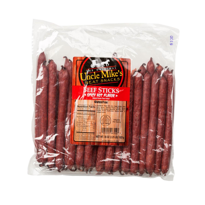 Large pack of handcrafted spicy hot flavored beef sticks made in USA, ideal for Kitchen & Food, Snacks and Sweets, Meats, Holiday Hosting, USA Made, Best Sellers, and Promo Eligible collections.