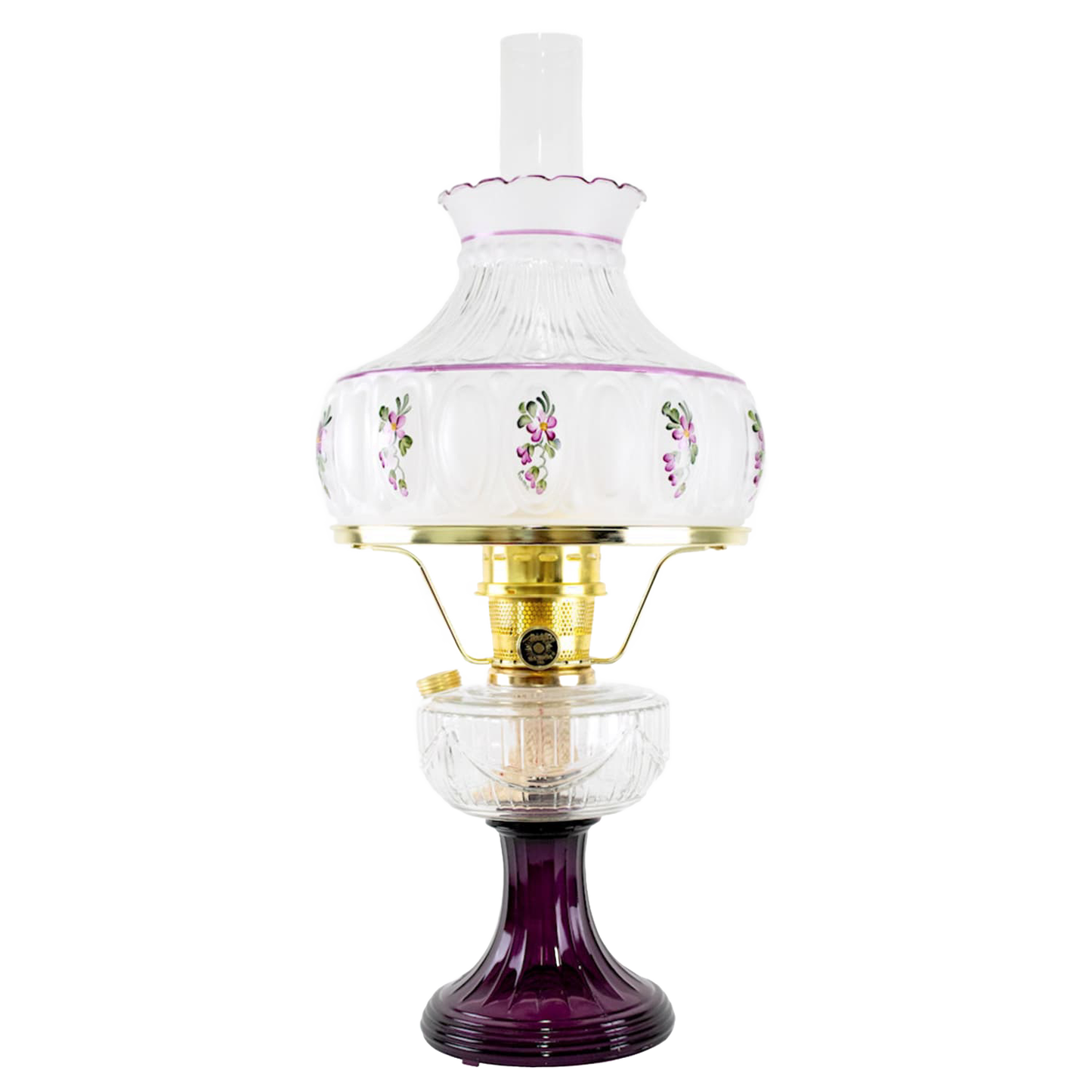 Handcrafted oil lamp featuring a purple glass base with embossed patterns, clear glass font, and a white rose-painted glass shade, perfect for Farm, Garden & Tool, Lamps & Lighting, and Homesteading collections.